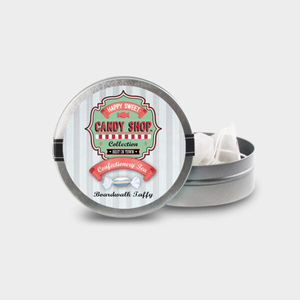 Customizable Healthy Specialty Tea Blend Candy Shop Boardwalk Taffy Tea in an Easy-Open Silver Mini Tin with Pyramid Tea Sachets