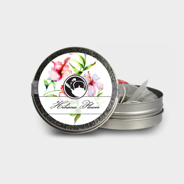Customizable Healthy Specialty Tea Blend Floral Hibiscus Flower Tea in an Easy-Open Silver Mini Tin with Pyramid Tea Sachets