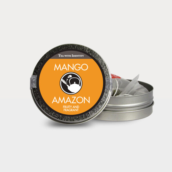 Customizable Healthy Specialty Tea Blend Traditional Mango Amazon Tea in an Easy-Open Silver Mini Tin with Pyramid Tea Sachets
