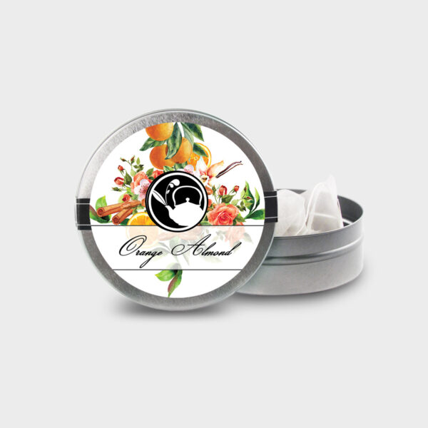 Customizable Healthy Specialty Tea Blend Floral Orange Almond Tea in an Easy-Open Silver Mini Tin with Pyramid Tea Sachets