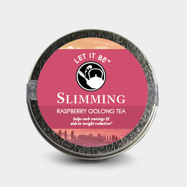 Customizable Healthy Specialty Tea Blend Let It Be Slimming Raspberry Oolong Tea in an Easy-Open Silver Mini Tin with Pyramid Tea Sachets