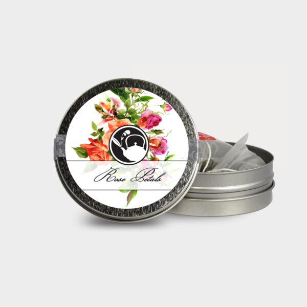 Customizable Healthy Specialty Tea Blend Floral Rose Petals Tea in an Easy-Open Silver Mini Tin with Pyramid Tea Sachets