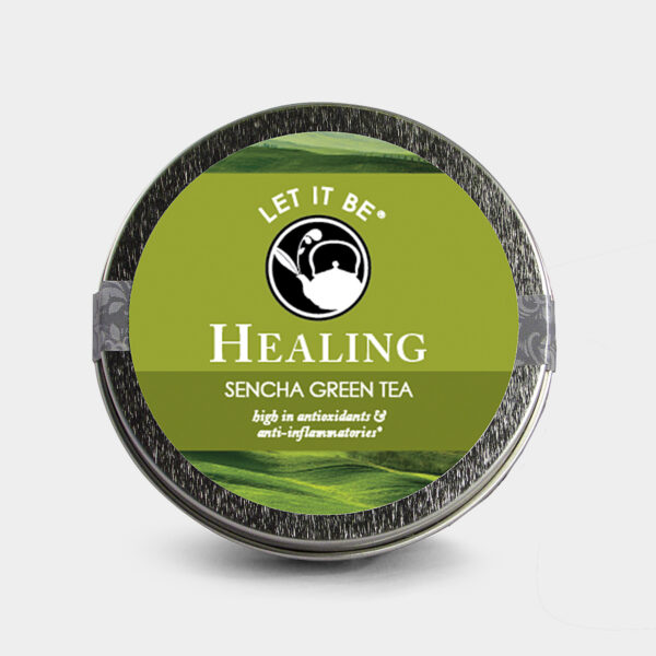 Customizable Healthy Specialty Tea Blend Let It Be Healing Sencha Green Tea in an Easy-Open Silver Mini Tin with Pyramid Tea Sachets