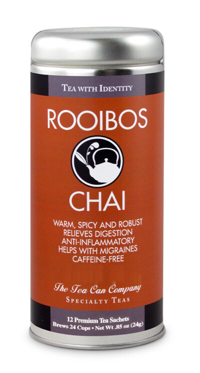 Customizable Healthy and Warming Specialty Tea Blend Rooibos Chai Tea in an Easy-Open Silver Tall Tin with 12 Pyramid Tea Sachets