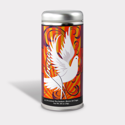 Customizable Private Label All-Natural Healthy Holiday Peace Dove in an Easy-Open Silver Tall Tin with 12 Pyramid Tea Sachets in a flavor of your choice