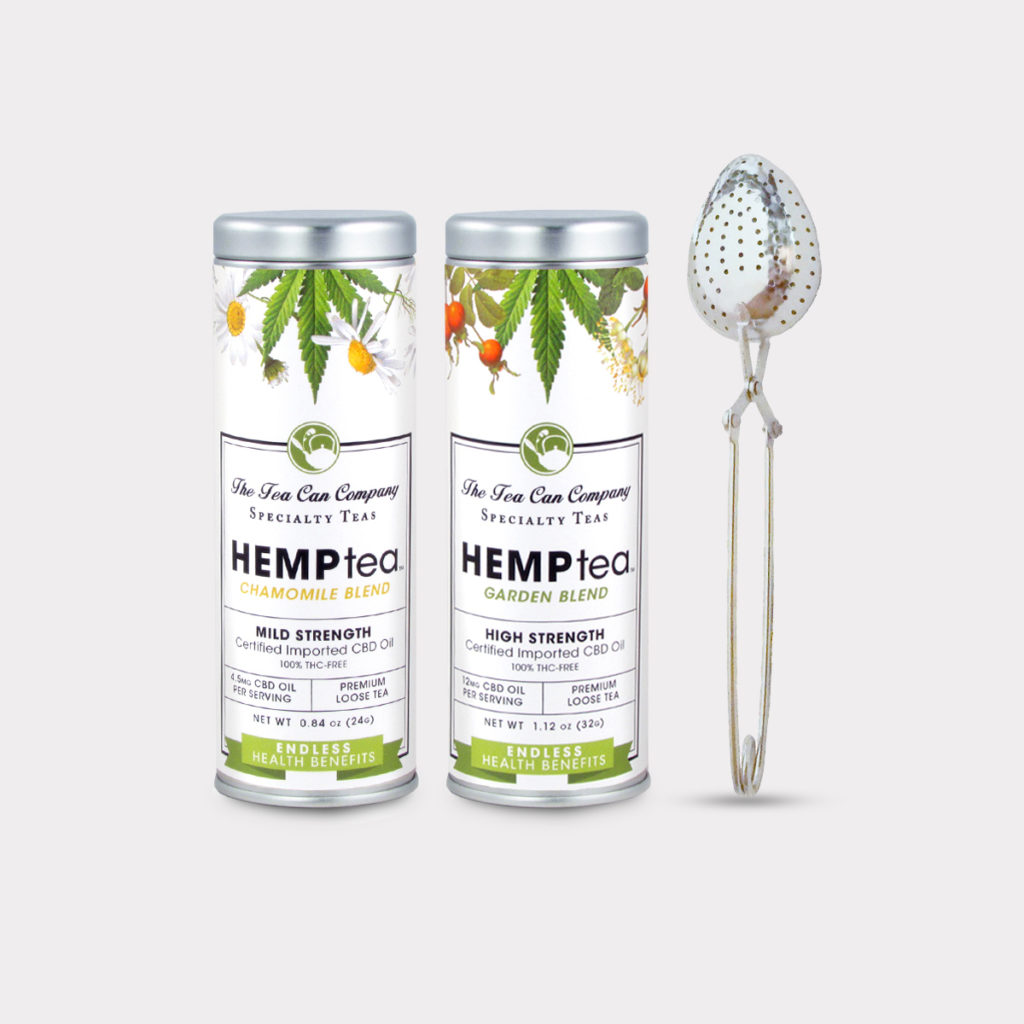 Healthy The Tea Can Company Hemp Tea Calming Chamomile Mild Strength CBD Herbal Loose Tea, Garden Blend High Strength CBD Herbal Loose Tea, and Infuser Combo Pack