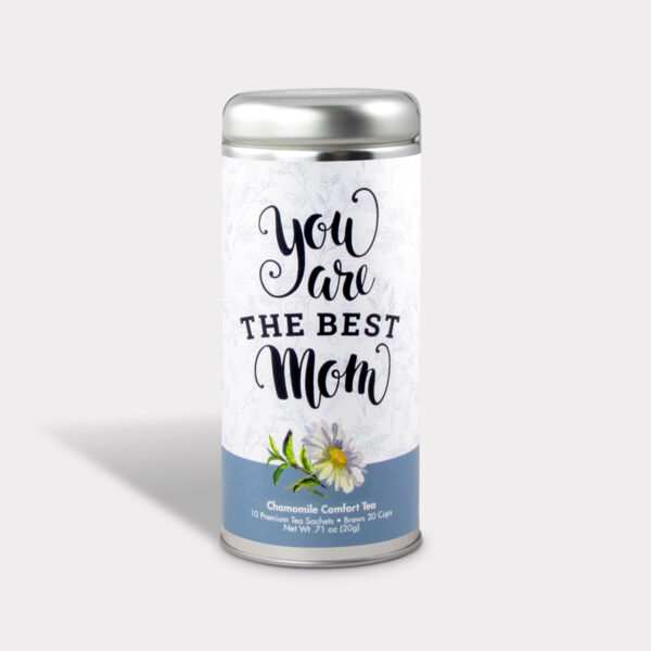 Customizable Private Label All-Natural Healthy Mother's Day Tea in an Easy-Open Silver Tall Tin with 12 Pyramid Tea Sachets in a flavor of your choice