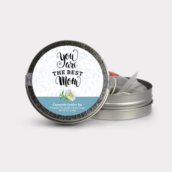 Customizable Private Label All-Natural Healthy Mother's Day Tea in an Easy-Open Silver Mini Tin with Pyramid Tea Sachets in a flavor of your choice