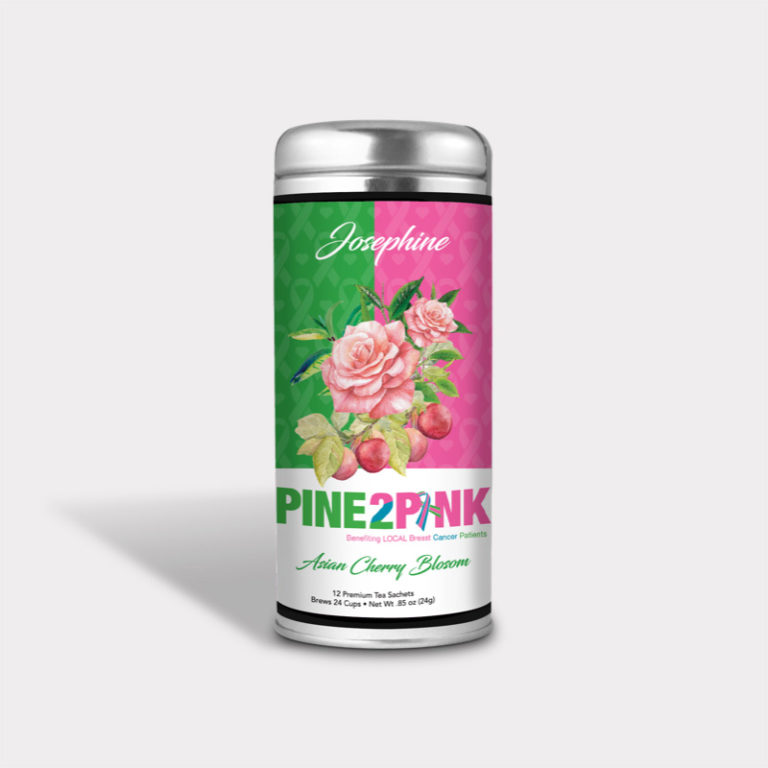 Customizable Private Label Healthy and Fragrant Pine 2 Pink Asian Cherry Blossom Floral Tea in an Easy-Open Silver Tall Tin with 12 Pyramid Tea Sachets for Breast Cancer Awareness and Fundraisers