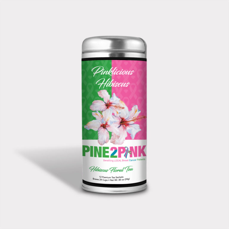 Customizable Private Label Healthy and Fragrant Pine 2 Pink Hibiscus Floral Tea in an Easy-Open Silver Tall Tin with 12 Pyramid Tea Sachets for Breast Cancer Awareness and Fundraisers