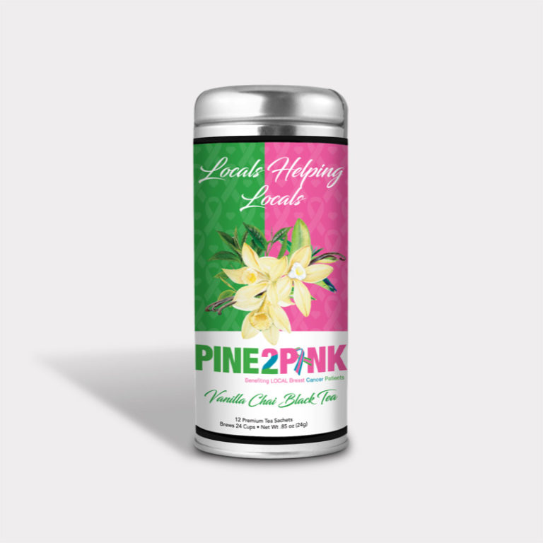 Customizable Private Label Healthy and Fragrant Pine 2 Pink Vanilla Chai Black Tea in an Easy-Open Silver Tall Tin with 12 Pyramid Tea Sachets for Breast Cancer Awareness and Fundraisers