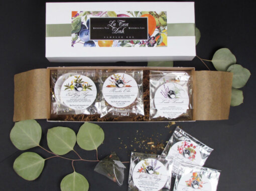 Ribbon Sampler Tea Gift Box with individually wrapped pyramid tea sachets