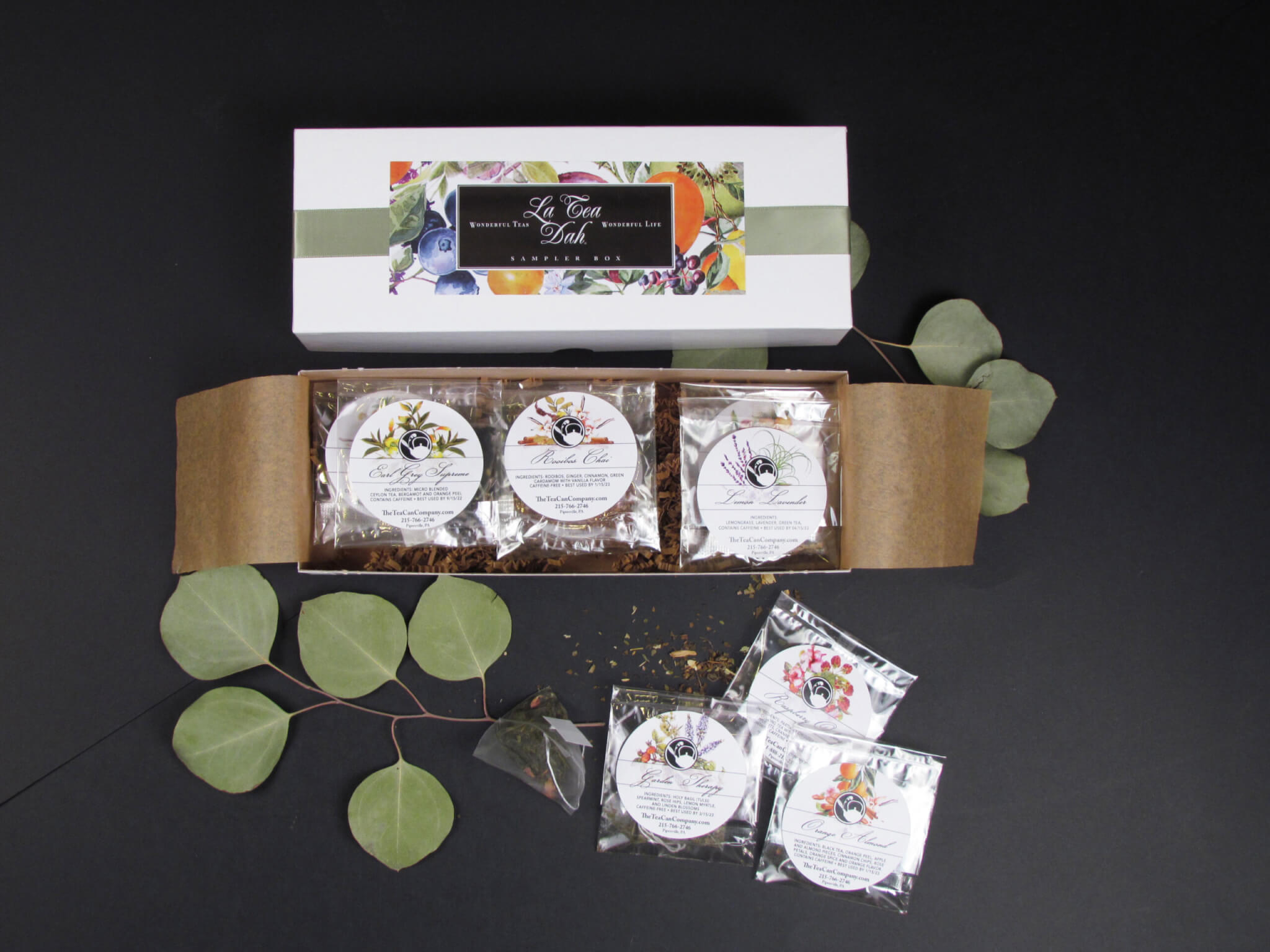 Ribbon Sampler Tea Gift Box with individually wrapped pyramid tea sachets