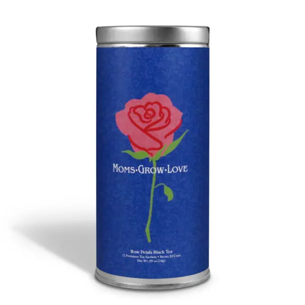 Customizable Private Label All-Natural Healthy Mother's Day Moms Grow Love in an Easy-Open Silver Tall Tin with 12 Pyramid Tea Sachets in a flavor of your choice